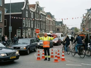 Verkeersregelaar in hesje houdt stopbord omhoog bij straatfestival, Nederlandse bakstenen gebouwen op achtergrond