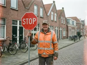 Verkeersregelaar in oranje hesje houdt stopbord omhoog op Nederlandse woonstraat met bakstenen huizen en fietsen