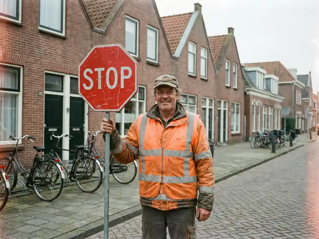 Verkeersregelaar in oranje hesje houdt stopbord omhoog op Nederlandse woonstraat met bakstenen huizen en fietsen