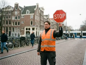 Verkeersregelaar in oranje veiligheidsvest met rood stopbord op Nederlandse straat met bakstenen gebouwen en fietsen
