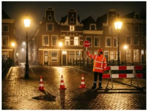 Verkeersregelaar in oranje hesje met stopbord bij wegwerkzaamheden op natte Nederlandse straat 's nachts