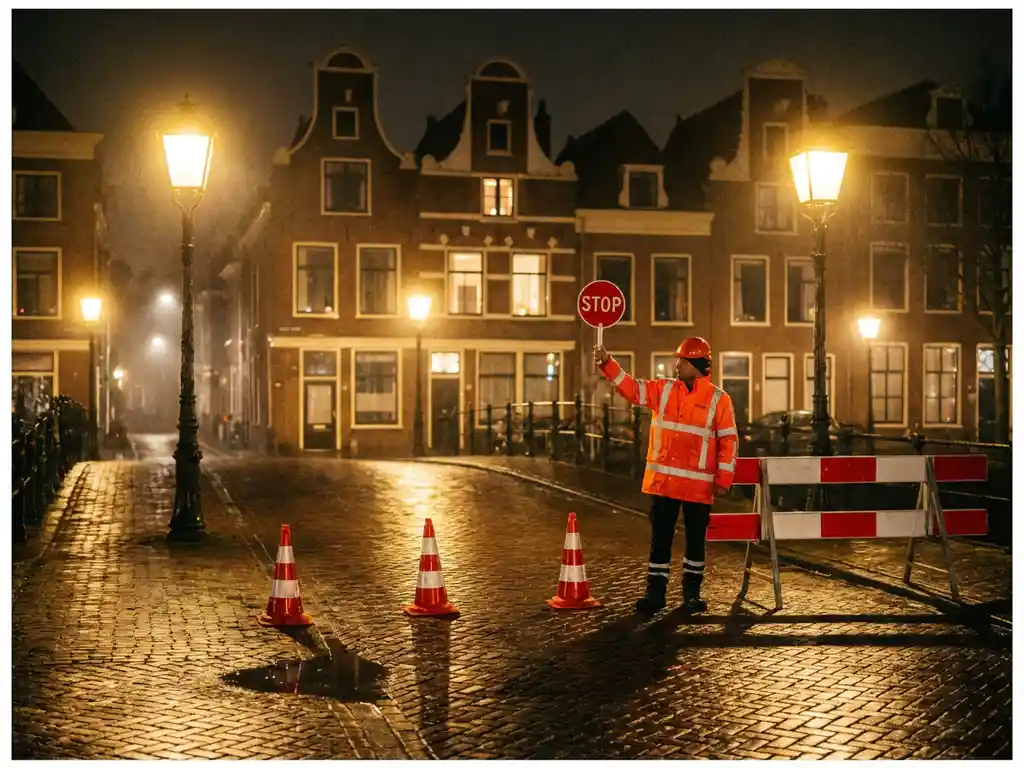 Verkeersregelaar in oranje hesje met stopbord bij wegwerkzaamheden op natte Nederlandse straat 's nachts