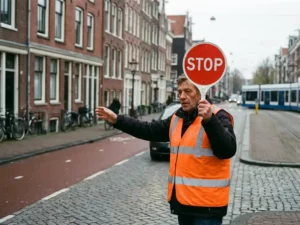 Verkeersregelaar in oranje hesje houdt rood stopbord vast op Nederlandse straat met bakstenen gebouwen en fietspaden