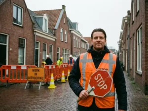 Verkeersregelaar in oranje veiligheidsvest met stopbord op Nederlandse straat met wegwerkzaamheden en bakstenen gebouwen