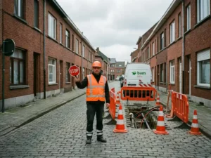 Verkeersregelaar in oranje hesje met stopbord bij wegwerkzaamheden op Nederlandse woonstraat met rode bakstenen huizen