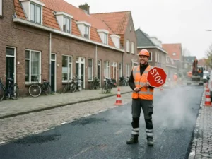Verkeersregelaar in oranje hesje houdt stopbord vast op warme asfaltweg in Nederlandse woonstraat met fietsen