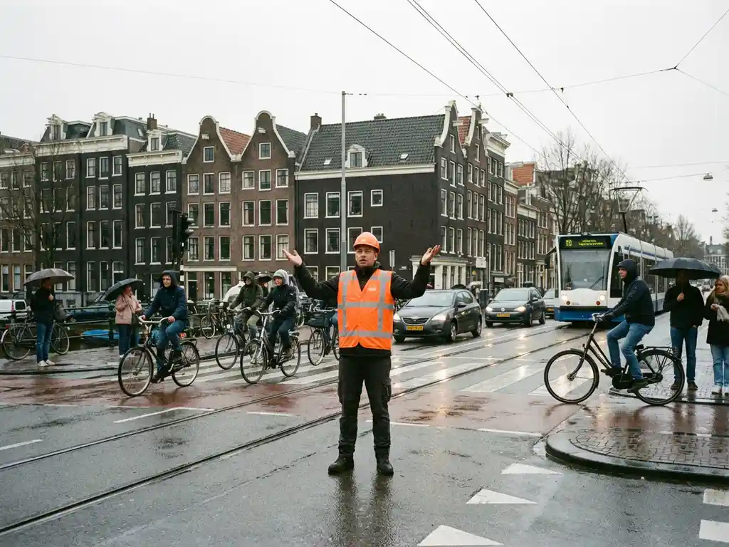 Verwarde verkeersregelaar in oranje vest gebaart onzeker bij druk Nederlands kruispunt met fietsers en voetgangers