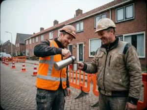 Verkeersregelaar en voorman delen koffie lachend bij Nederlandse rijtjeshuizen met bouwwerkzaamheden en oranje kegels