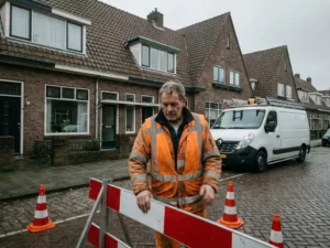 Bouwvakker plaatst rode en witte wegafzetting op Nederlandse straat met bakstenen huizen en verkeerskegels