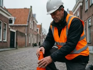 Nederlandse wegwerker in oranje hesje plaatst verkeerskegels op straat met traditionele bakstenen huizen op achtergrond