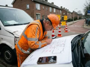 Bouwvakker in oranje vest bekijkt verkeersplannen op witte bestelwagen, met verkeerskegels en wegborden op Nederlandse straat