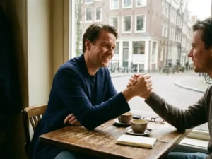 Nederlandse zakenvrouw schudt handen met klant aan cafétafel, Amsterdamse grachtenpanden op achtergrond