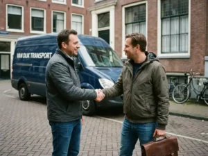 Zakelijke handdruk tussen transportmanager en klant naast Nederlandse bezorgwagen op geplaveide straat