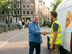 Nederlandse zakenman en bezorger schudden handen bij witte bestelwagen op Amsterdamse straat met bakstenen gebouwen