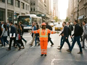 Verkeersregelaar in oranje uniform dirigeert voetgangersmassa op druk stedelijk kruispunt in middagzon.