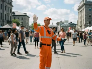 Verkeersregelaar in oranje uniform dirigeert voetgangers op druk buitenevenement op een stadsplein.