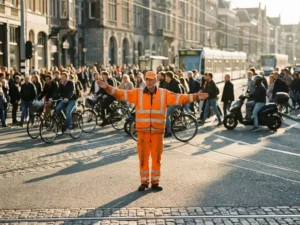 Verkeersregelaar in oranje uniform dirigeert voetgangers en fietsers op druk stedelijk kruispunt met kinderkopjes en tramrails.