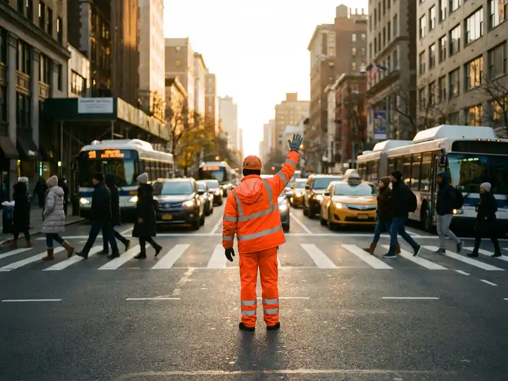 Verkeersregelaar in oranje uniform stuurt verkeer op druk stedelijk kruispunt, hand omhoog, voetgangers op zebrapad, gouden middaglicht.