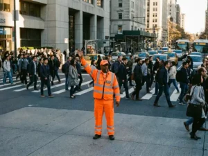 Verkeersregelaar in oranje uniform stuurt voetgangersmassa bij druk stedelijk kruispunt, één arm omhoog, gebouwen op de achtergrond.