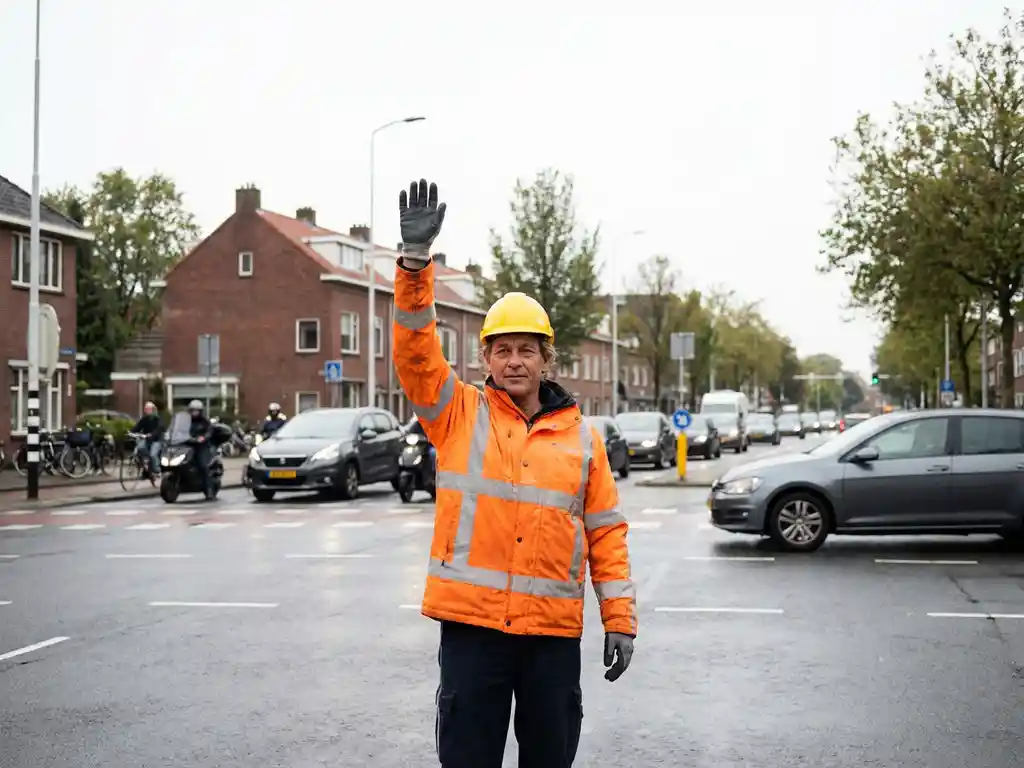 Verkeersregelaar in oranje hesje stuurt verkeer bij druk Nederlands kruispunt met opgeheven arm.
