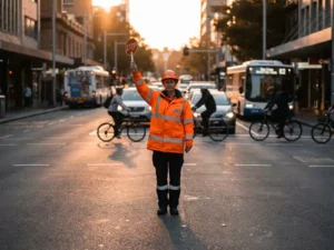 Verkeersregelaar in oranje uniform stuurt verkeer op druk stedelijk kruispunt, arm omhoog, gouden middaglicht op het asfalt.