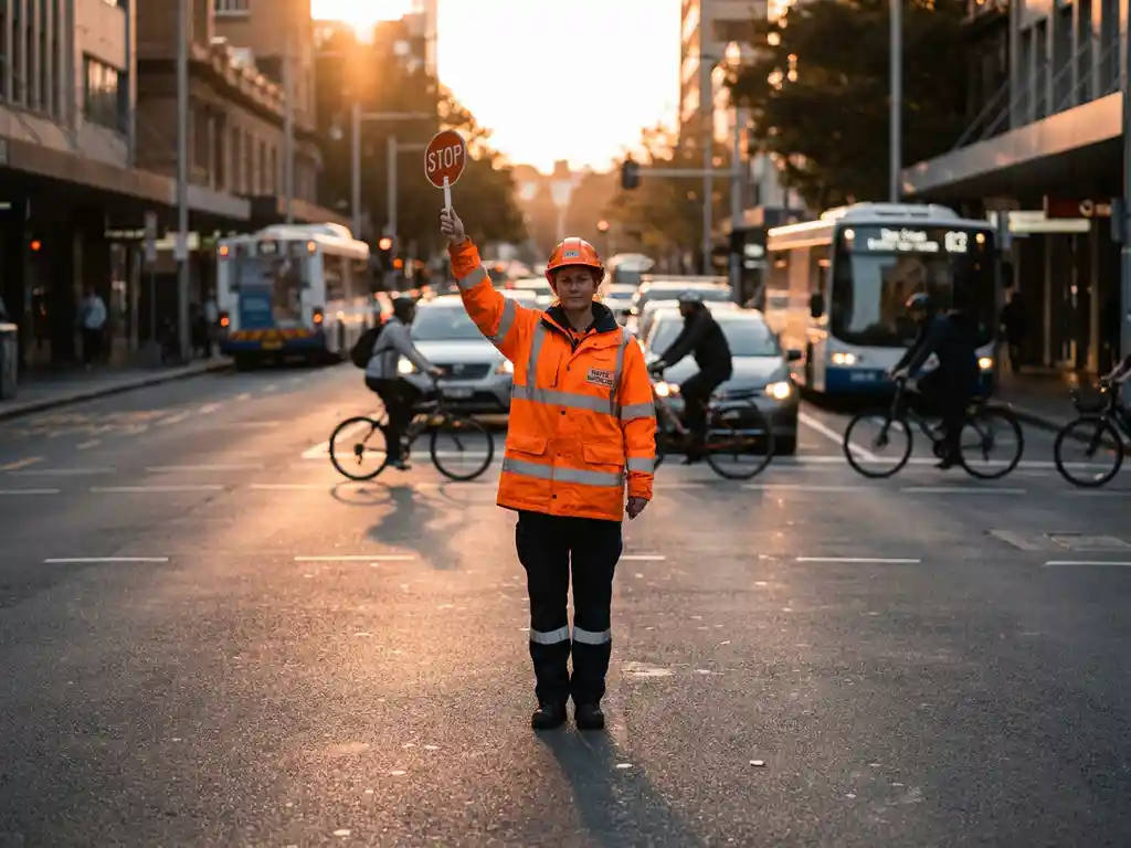 Verkeersregelaar in oranje uniform stuurt verkeer op druk stedelijk kruispunt, arm omhoog, gouden middaglicht op het asfalt.