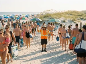 Verkeersregelaar in oranje uniform leidt strandgangers bij drukke strandopgang, met kleurrijke parasols en duinen op de achtergrond.