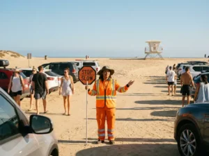 Gecertificeerde verkeersregelaar in oranje uniform dirigeert strandgangers bij drukke parkeeringang op zonnig strand.