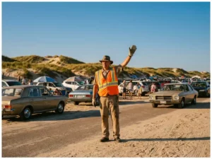 Verkeersregelaar in oranje uniform dirigeert zomers strandverkeer, met zandduinen en drukke strandparking op de achtergrond.