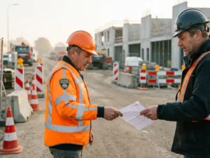 Gecertificeerde verkeersregelaar in oranje veiligheidsvest ontvangt sitebriefing van bouwplaatsmanager bij ingang Nederlandse bouwzone.