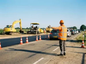Verkeersregelaar in oranje veiligheidsvest dirigeert verkeer bij wegwerkzaamheden in Noord-Brabant met vers asfalt en oranje verkeerskegels.