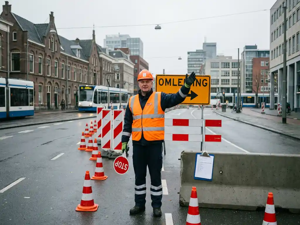 Gecertificeerde verkeersregelaar in oranje hesje leidt verkeer bij wegomlegging op Nederlandse bouwlocatie met verkeerskegels en tijdelijke borden.