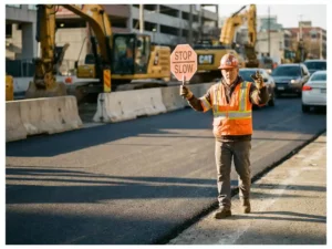 Gecertificeerde verkeersregelaar in oranje veiligheidsvest dirigeert verkeer op actieve bouwplaats met zwaar materieel op de achtergrond.