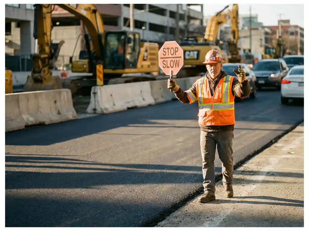 Gecertificeerde verkeersregelaar in oranje veiligheidsvest dirigeert verkeer op actieve bouwplaats met zwaar materieel op de achtergrond.