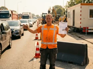 Gecertificeerde verkeersregelaar in oranje veiligheidsvest met certificeringsdocument bij Nederlandse wegwerkzaamheden, oranje kegels op achtergrond.