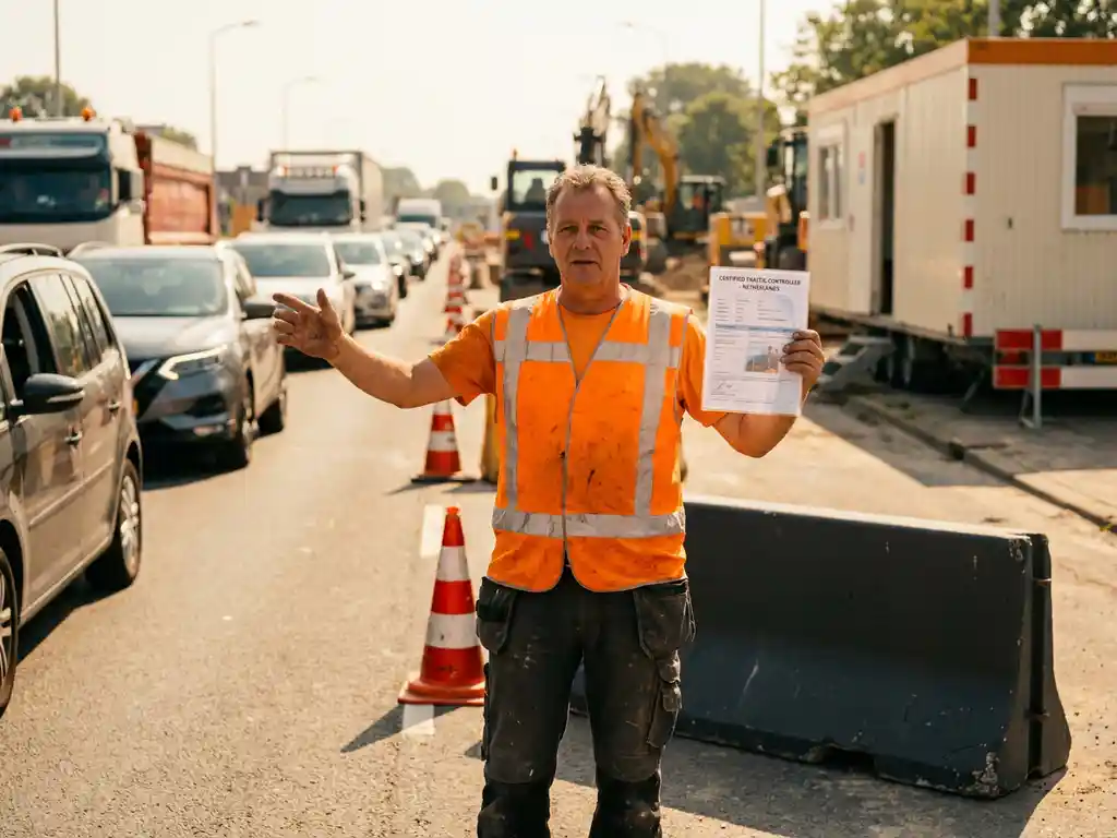 Gecertificeerde verkeersregelaar in oranje veiligheidsvest met certificeringsdocument bij Nederlandse wegwerkzaamheden, oranje kegels op achtergrond.