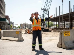 Gecertificeerde verkeersregelaar in oranje hesje dirigeert verkeer bij drukke stedelijke bouwplaats met betonnen barriers en kraan op achtergrond.