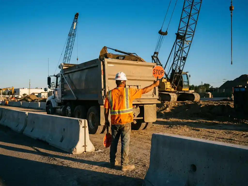 Verkeersregelaar in oranje veiligheidsvest en witte helm dirigeert bouwvoertuigen bij grootschalig infrastructuurproject met betonnen barriers en kranen.