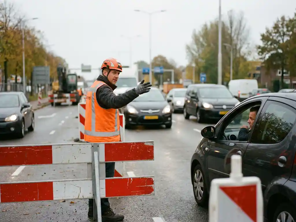 Gecertificeerde verkeersregelaar in oranje hesje dirigeert verkeer bij Nederlandse wegwerkzaamheden met rood-witte barriers.