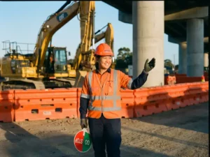 Verkeersregelaar in oranje veiligheidsvest met stopbord bij actieve wegwerkzaamheden, zwaar materieel en oranje barriers op achtergrond.