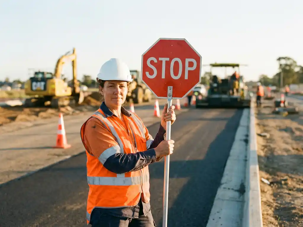 Gecertificeerde verkeersregelaar in oranje veiligheidsvest en witte helm houdt stopbord vast bij actieve wegwerkzaamheden.