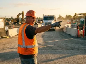 Gecertificeerde verkeersregelaar in oranje hesje dirigeert voertuigen bij bouwplaatsingang, met zwaar materieel en betonblokken op de achtergrond.