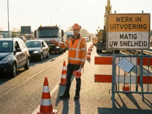 Gecertificeerde verkeersregelaar in oranje hesje dirigeert verkeer bij Nederlandse wegwerkzaamheden, omringd door verkeerskegels en tijdelijke bebording.