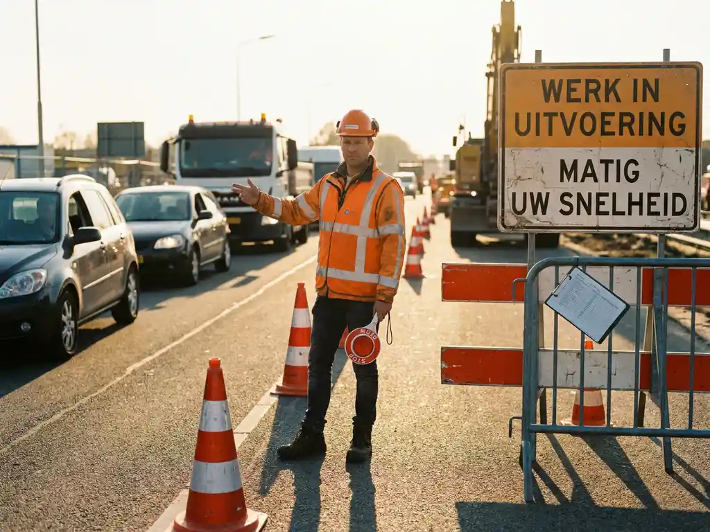 Gecertificeerde verkeersregelaar in oranje hesje dirigeert verkeer bij Nederlandse wegwerkzaamheden, omringd door verkeerskegels en tijdelijke bebording.