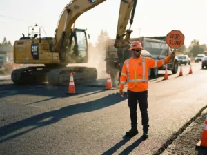 Gecertificeerde verkeersregelaar in oranje veiligheidsvest dirigeert verkeer op actieve wegwerkzaamheden, met machines en verkeerskegels op de achtergrond.