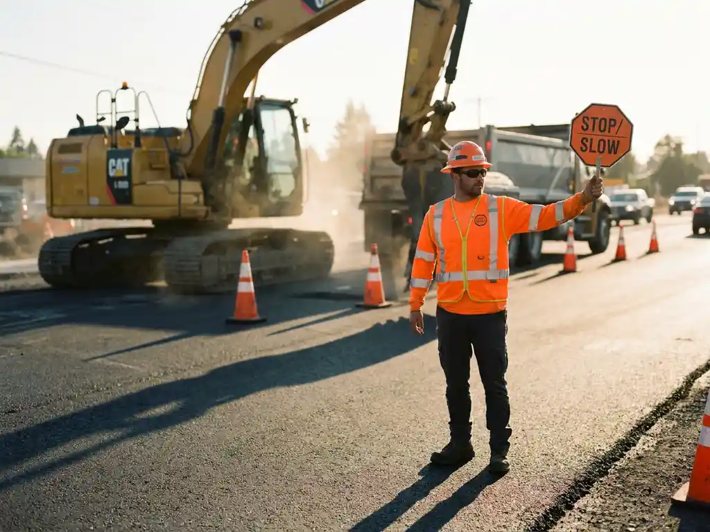 Gecertificeerde verkeersregelaar in oranje veiligheidsvest dirigeert verkeer op actieve wegwerkzaamheden, met machines en verkeerskegels op de achtergrond.