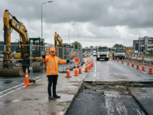Gecertificeerde verkeersregelaar in oranje veiligheidsvest dirigeert verkeer bij wegwerkzaamheden met graafmachines en verkeerskegels op een opgebroken weg.