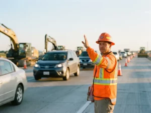 Verkeersregelaar in oranje veiligheidsvest dirigeert verkeer bij actieve wegwerkzaamheden met graafmachines en pionnen op de achtergrond.