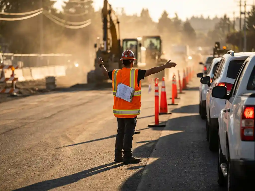 Gecertificeerde verkeersregelaar in oranje veiligheidsvest dirigeert verkeer op bouwplaats, vergunningsdocumenten onder arm, graafmachines op achtergrond.