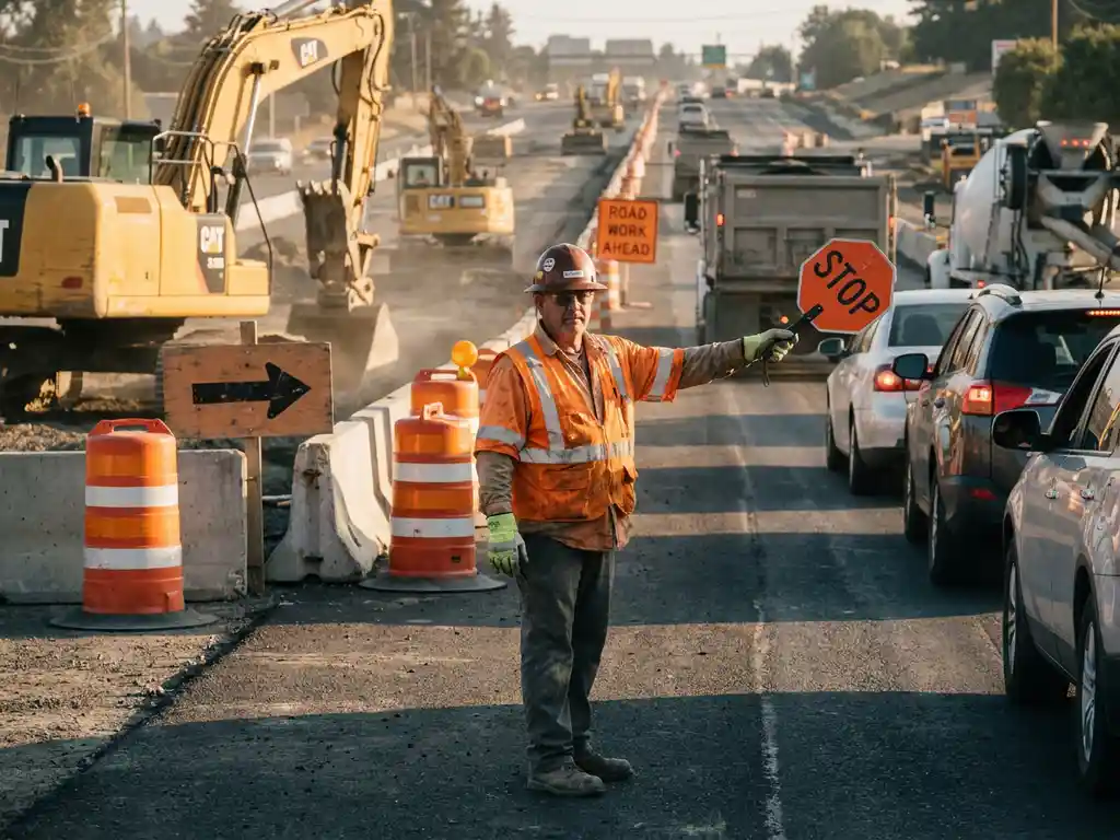 Gecertificeerde verkeersregelaar in oranje veiligheidsvest dirigeert verkeer op grootschalige wegwerkzaamheden met betonnen barriers en zwaar materieel.